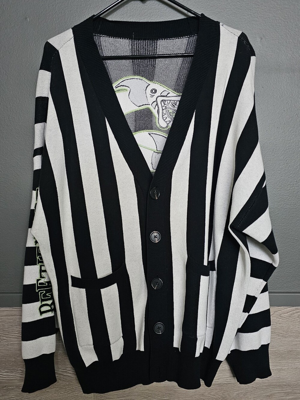 Black & White Striped Beetlejuice V-Neck Button Cardigan Sweater